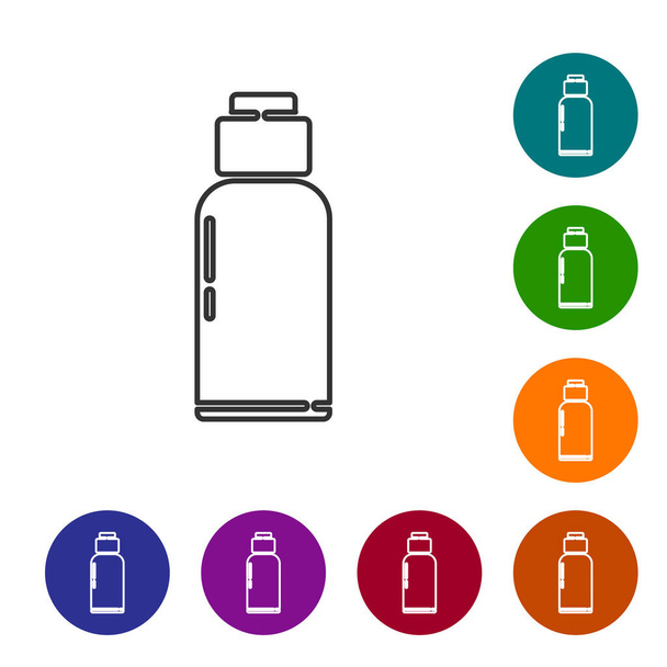Μαύρη γραμμή παγούρι νερό εικονίδιο μπουκάλι απομονώνονται σε λευκό φόντο. Τουριστικό φλασκί. Βάζο της χρήσης του νερού στην εκστρατεία. Ορισμός εικονιδίων σε χρωματιστά κουμπιά κύκλου. Εικονογράφηση διανύσματος - Διάνυσμα, εικόνα