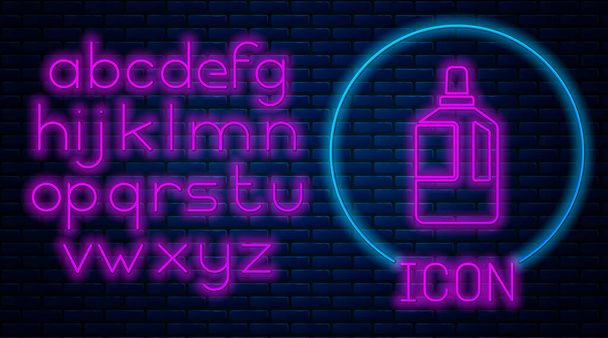 Glowing neon Fabric softener icon isolated on brick wall background. Liquid laundry detergent, conditioner, cleaning agent, bleach. Neon light alphabet. Vector Illustration - Vector, Image
