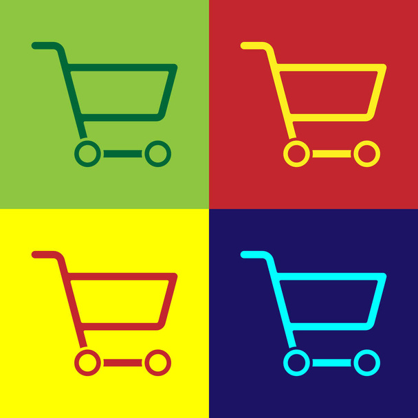Поп-арт Піктограма кошика для покупок ізольована на кольоровому фоні. Інтернет-концепція купівлі. Знак служби доставки. Символ кошика супермаркету. Векторна ілюстрація
 - Вектор, зображення