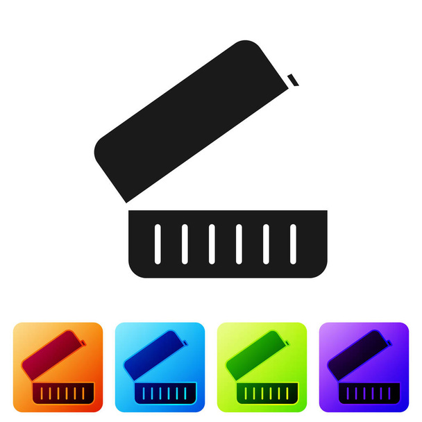 Icona scatola pranzo nero isolato su sfondo bianco. Imposta le icone nei pulsanti quadrati a colori. Illustrazione vettoriale
 - Vettoriali, immagini