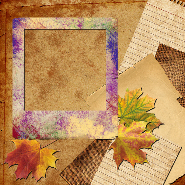 Autumn polaroid photo frame with leaves, fabric and paper - Photo, image
