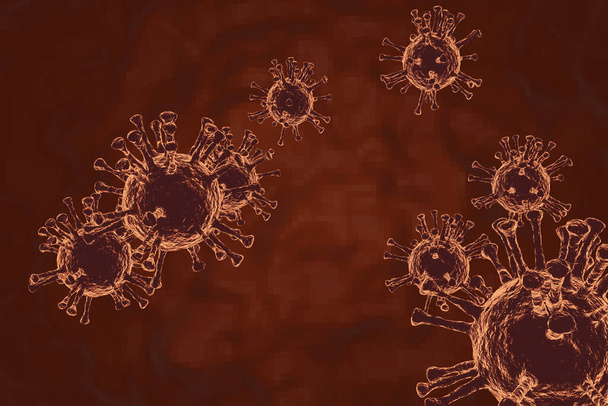 Blooming covid-19, virus de brote de coronavirus flotando en el entorno celular, epidemia de enfermedades virales, renderización 3D de virus - Foto, Imagen
