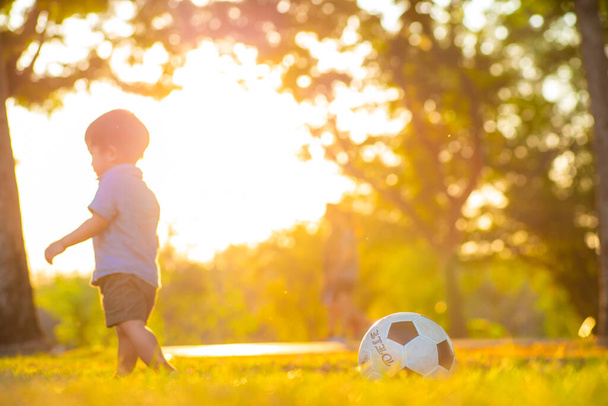 愛らしい小さな幼児男の子遊ぶサッカーで緑の芝生のフィールド最初遊びで公園の夕日 - 写真・画像