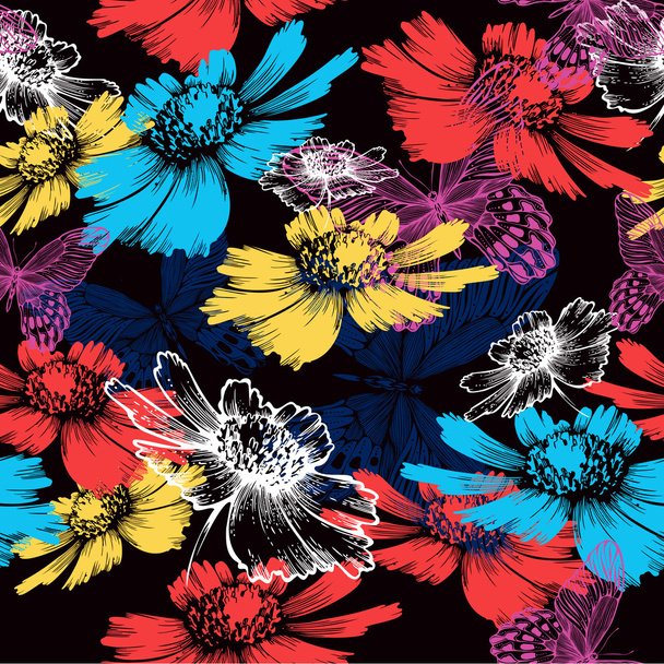 Seamless pattern with abstract colorful flowers and butterflies. - Vektor, obrázek