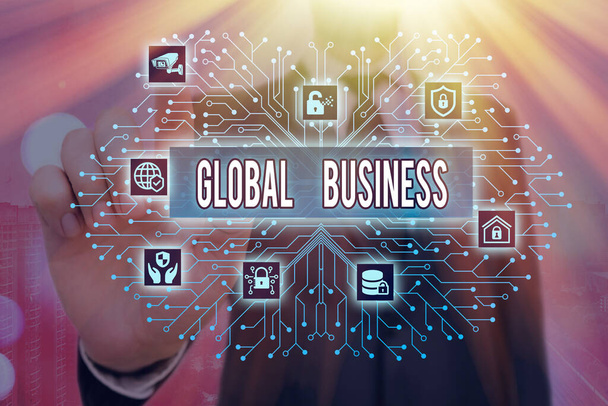Schreiben Notiz zeigt Global Business. Geschäftsfotos, die Handel und Geschäftssystem eines Unternehmens auf der ganzen Welt zeigen. - Foto, Bild
