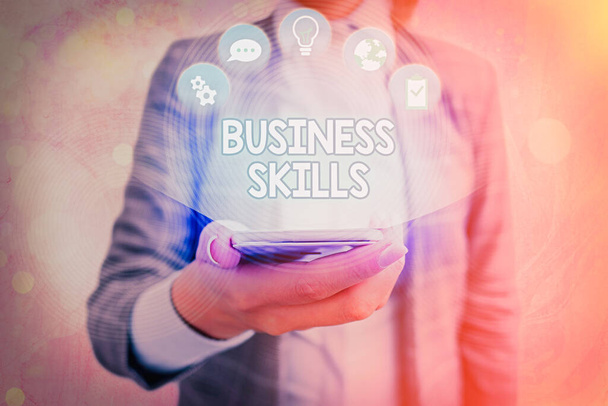 Text sign showing Business Skills. Conceptual photo An ability to acquire systematic effort of job functions. - Photo, Image