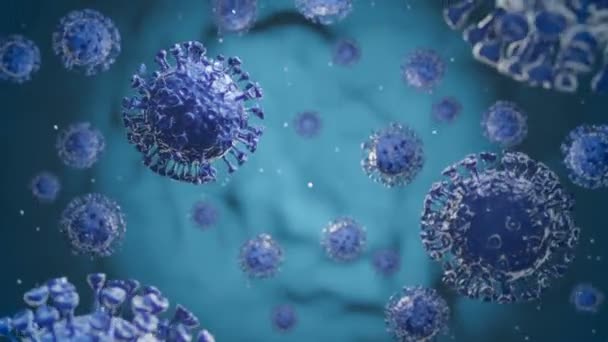 Coronavirus COVID-19 mikrobu mikroskop altında. Corona virüsünün uçuşu ya da hareketi, mavi arka planda grip virüsü. 4k UHD, 3d render, Animasyon, İllüzyon Videosu üzerindeki Mikrop Germs Bakteri hücreleri - Video, Çekim