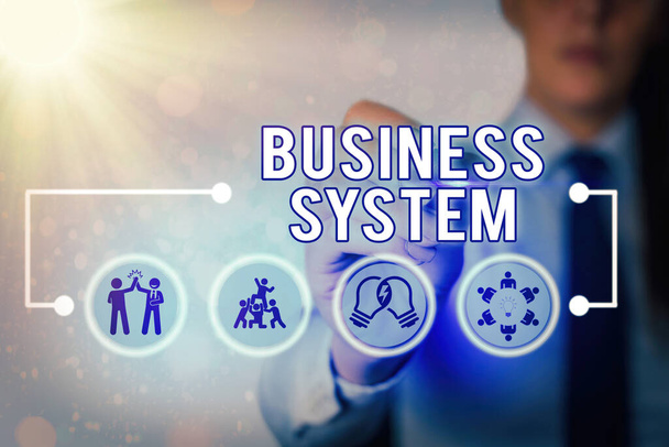 Schrijfbriefje met Business System. Business photo showcasing Een methode om de informatie van organisaties te analyseren. - Foto, afbeelding