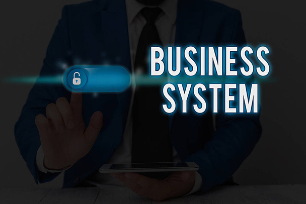 Schrijfbriefje met Business System. Business photo showcasing Een methode om de informatie van organisaties te analyseren. - Foto, afbeelding