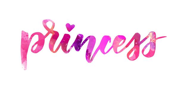 Princess - handwritten modern watercolor calligraphy lettering text. Pink colored. Template typography for t-shirt, prints, banners, badges, posters, postcards, etc. - Vektor, obrázek