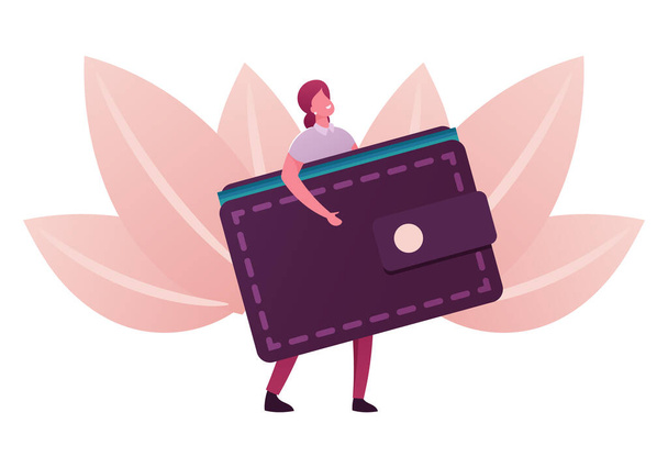 People and Money Concept. Tiny Woman Carry Huge Purse Full of Cash and Credit Cards. Female Character Enjoy Finance Success, Saving Euro and Dollars Currency in Wallet. Cartoon Vector Illustration - Vector, Image