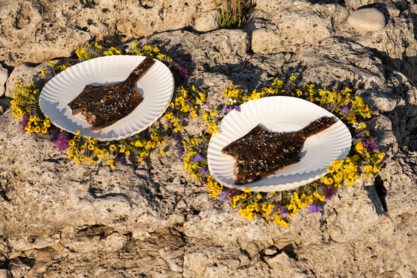 Pescado cocido de lenguado acostado sobre platos blancos, rodeado de flores sobre piedras. Cena romántica al aire libre camping
 - Foto, imagen