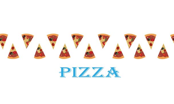 Naadloos vectorpatroon. Pizza plakjes bevinden zich in het midden. Geïsoleerd op witte achtergrond. Hieronder staat de inscriptie "Pizza". - Vector, afbeelding