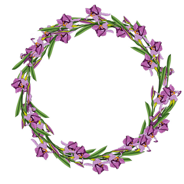 A wreath of irises. Frame. Modern dynamic flat design with bright, colorful flowers for your wedding invitation, greeting card template, banners, posters, seasonal sales. - Vector, Image