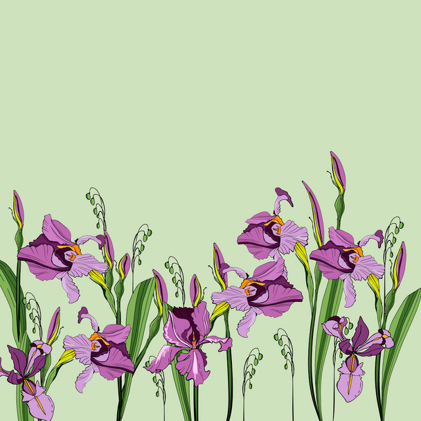 Delicate floral background with purple irises. Vector illustration of a creative realistic doodle tattoo. For greeting card, wedding invitation, interior decoration, business cards, brochures - Vektori, kuva