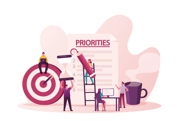 Priorities Organize Concept. Tiny Male and Female Characters Put Tasks on Paper for Effective Daily Planning, Scheduling Working Process. Timetable and Aiming. Cartoon People Vector Illustration - Vector, Image