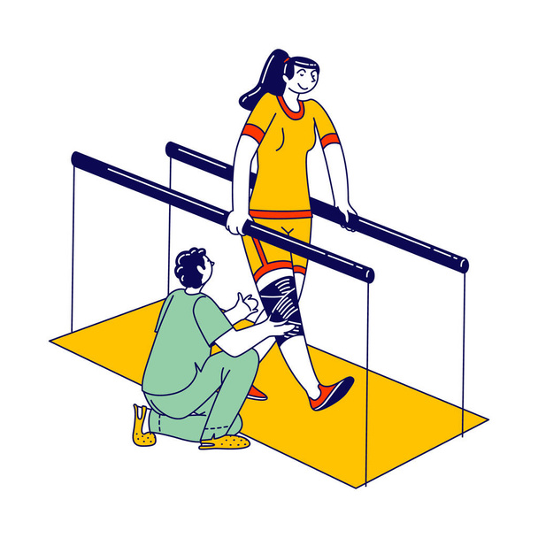 Physical Development for Handicapped People. Rehabilitation Center Staff Character Help Girl with Bandages Leg Adapt Life. Woman with Disabilities Strengthen Physiotherapy. Linear Vector Illustration - Vector, Image