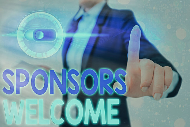 Conceptual hand writing showing Sponsors Welcome. Business photo showcasing announcing that you accept investing in your company. - Photo, Image