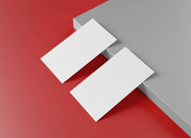 Two white US business card Mockup laying on red and grey background. American size calling card front and back laying on colored surface 3D rendering - Fotó, kép