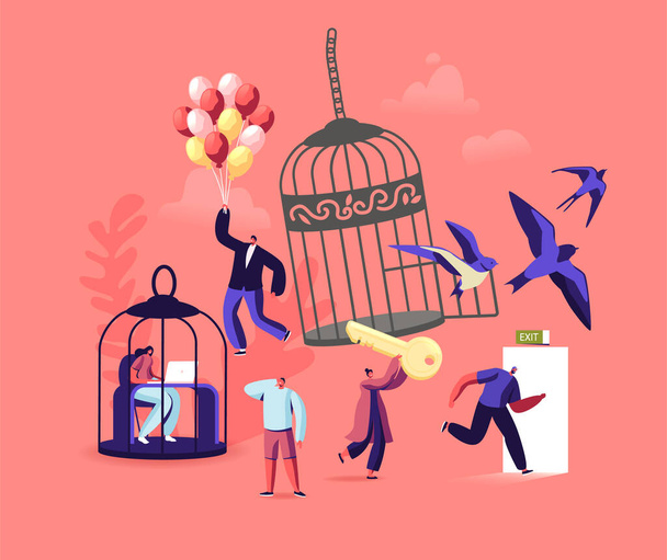 Characters Escape Home Isolation, Freedom Concept. People Leaving Cages and Run into Open Door and Flying on Air Balloons with Swallow after Covid19 Pandemic Quarantine. Cartoon Vector Illustration - Vector, Image