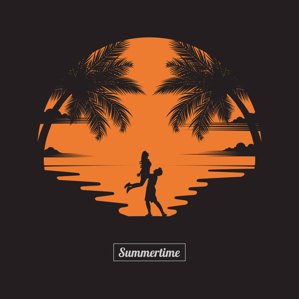 Summer concept. A couple is having fun on the beach of sunset background. business travel greeting card. silhouettes of love on nature and coconut plants. vector illustration flat style - Vektor, kép