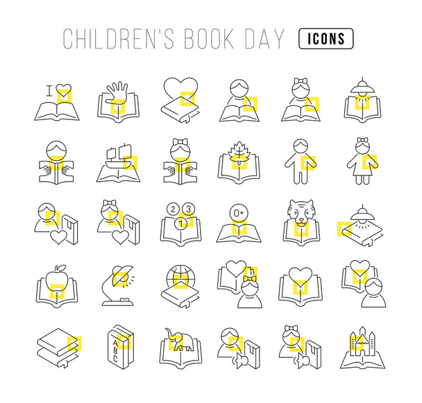 Állítsa vektor vonal vékony ikonok a gyermekek könyv nap lineáris tervezés a mobil fogalmak és webes alkalmazások. Gyűjtemény modern infografikai piktogram és jelek. - Vektor, kép