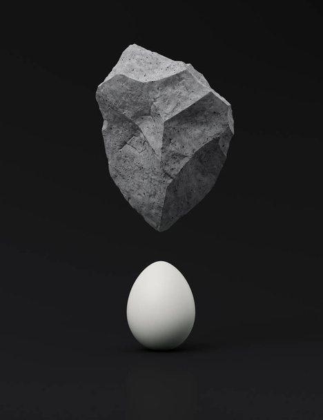 Levitáló kő a tojás felett fekete háttérrel, 3D-s renderelés. Minimális kreatív ötlet koncepció. - Fotó, kép