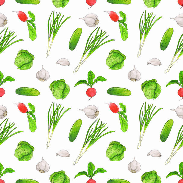 Acuarela patrón vegetal sin costura rábano, ajo, pepino
 - Foto, imagen