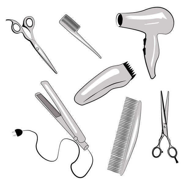 Tool kit for a hairdressing salon. Haircut and hair styling. Illustration isolated on  background. - Vector, imagen
