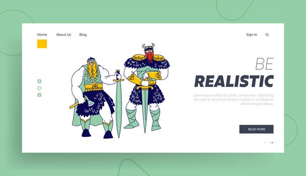 Scandinavian Warriors Landing Page Template. Vikings Male Characters with Tressed Beards Wearing Skins, Helmets with Horns and Holding Armor Swords and Axes. Linear People Vector Illustration - Vector, Image