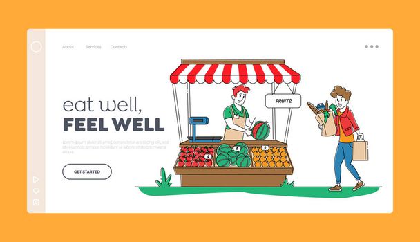 Customer Visit Outdoor Farm Marketplace Landing Page Template. Woman Buyer Stand at Desk with Farmer Sea Food Production on City Market. Purchaser Character Buy Food. Linear People Vector Illustration - Vector, Image