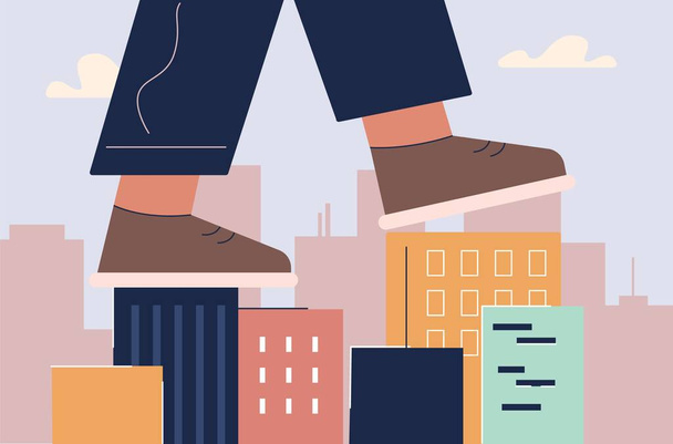 Cartoon ανθρώπινο πόδι σε παπούτσια που πηγαίνουν στις στέγες των σπιτιών διάνυσμα επίπεδη απεικόνιση - Διάνυσμα, εικόνα
