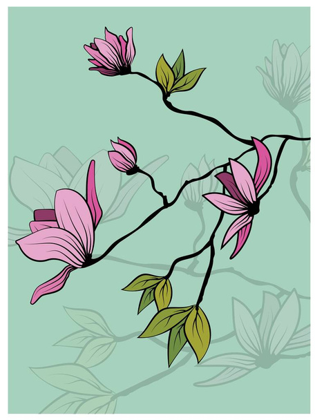 Croquis vintage gros plan de branche de magnolia rose avec des feuilles sur fond vert pour le design décoratif. Illustration florale romantique vectorielle. Fond printanier. Illustration dessinée main
 - Vecteur, image