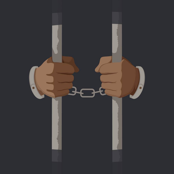 Arms of male prisoner in handcuffs holding jail bars vector graphic illustration - Vector, Image