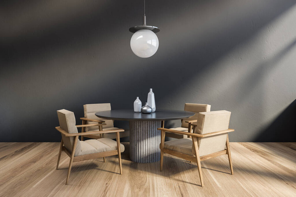 Interior of minimalistic dining room with grey walls, wooden floor, comfortable round table with beige armchairs and stylish lamp hanging above it. 3d rendering - Photo, Image