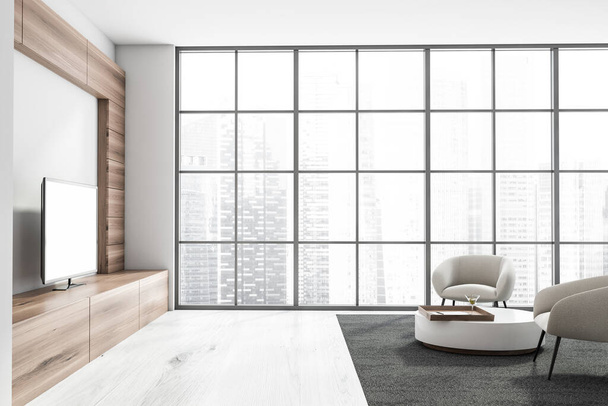 Interior of panoramic living room with white and wooden walls, white wooden floor, TV set and two white armchairs near round table. Blurry cityscape. 3d rendering - Fotoğraf, Görsel