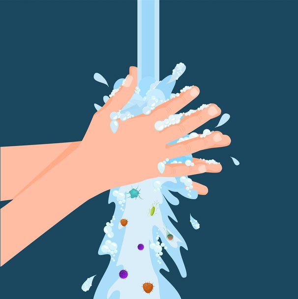 Dibujos animados mano de lavado humano con jabón bajo chorro de agua rodeado de bacterias vector gráfico ilustración
 - Vector, imagen