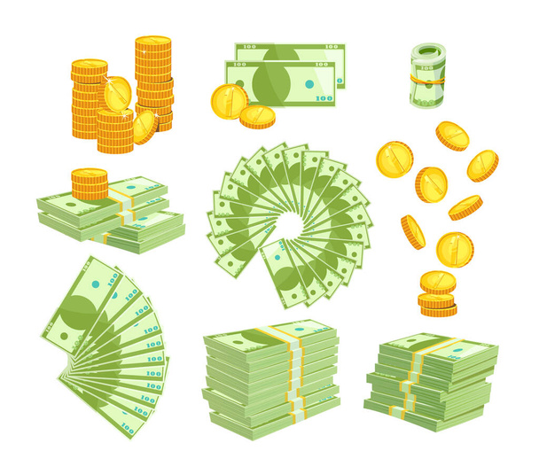 Ορισμός διαφόρων ειδών χρήματα απομονώνονται σε λευκό φόντο. Συσκευασία και Piles των χαρτονομισμάτων δολαρίου, ανεμιστήρας των χαρτονομισμάτων. Χρυσά νομίσματα πέφτουν και στοιβάζονται. Εικονίδια εικονίδια νόμισμα Εικονογράφηση διάνυσμα κινουμένων σχεδίων - Διάνυσμα, εικόνα