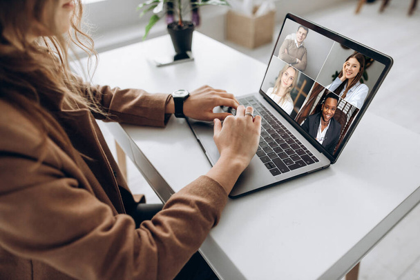 video conference business colleague comminacation online freelancer distant work laptop man woman - Foto, imagen