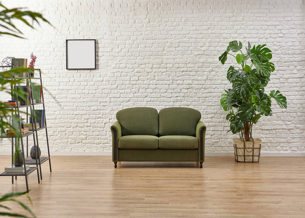 Weiße Ziegelwand grüne Sessel Interieur lving Room Stil. - Foto, Bild