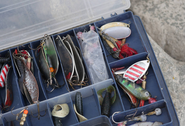 miscellaneous  angling baits in plastic box - Valokuva, kuva