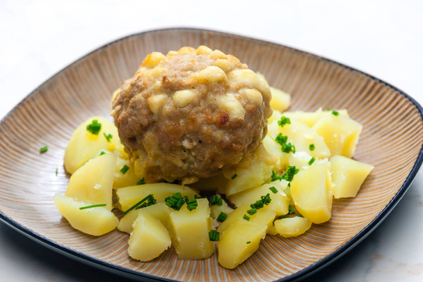 meat ball baked with beans and cheese served with potatoes - Photo, Image