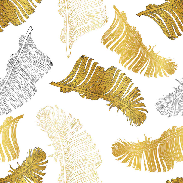 Gold, white and contour banana leaves. Isolated objects randomly located on a white background. Seamless vector pattern. - Vecteur, image