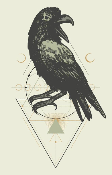 Black Raven on the thin line geometry background. Occult t-shirt print. - Vector, Image