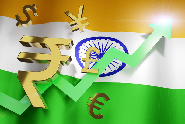 INR Indiase roepie valuta met India National Flag Money Exchange Rate Grow Up Business Financieel concept, 3D Rendering. - Foto, afbeelding