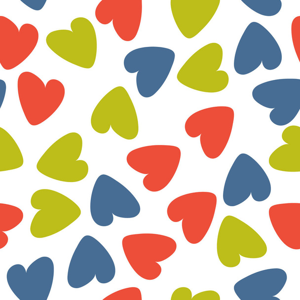 Vector seamless pattern with  colorful hearts. Blue, red, green colors. Great for fabrics, baby clothes, wrapping papers, covers. Hand drawn illustration on white background. - Vettoriali, immagini