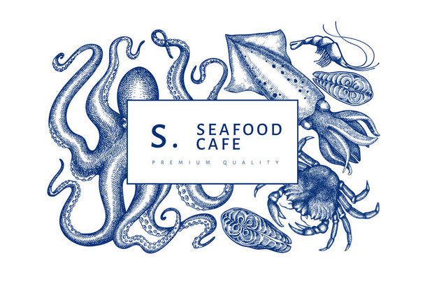 Seafood design template. Hand drawn vector seafood illustration. Engraved style food banner. Retro sea animals background - Foto, Imagem