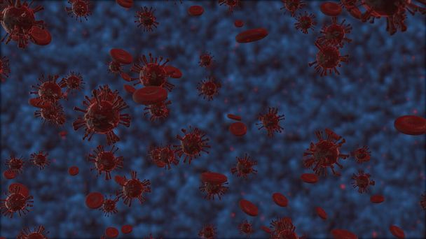 Medizinischer Hintergrund. Gruppe Rote Bakterien und Rote Blutkörperchen. 3D-Rendering von Virenzellen.  - Foto, Bild