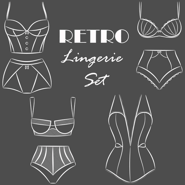 White Retro Lingerie Set. Collection of Sexy Vintage Like Women Underwear Pieces. Different Types of Bras, Panties, Teddy for Undergarment Shops or Boutiques Advertisement. Vector Illustration.  - Vector, Image