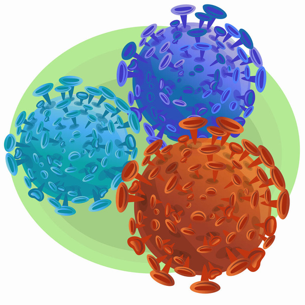 Yeşil zemin üzerinde izole edilmiş turuncu ve mavi koronavirüs mikroskobik hücrelerinin çizimi - SARS-CoV-2 bakterisi. - Vektör, Görsel